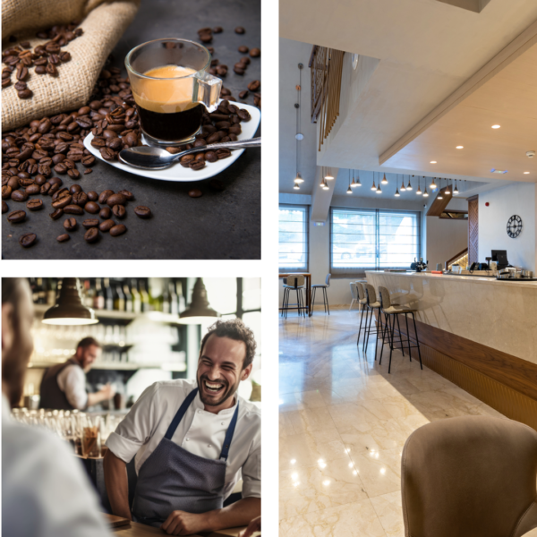 bancone bar, barista che ride e tazzina caffè